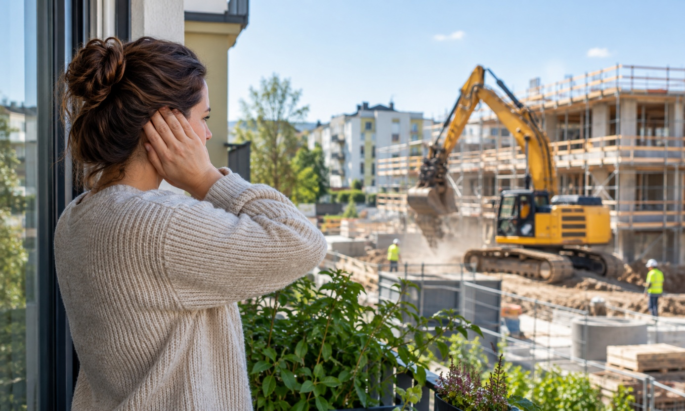 Kvinna som håller händerna för öronen medan byggarbete pågår nära ett bostadsområde
